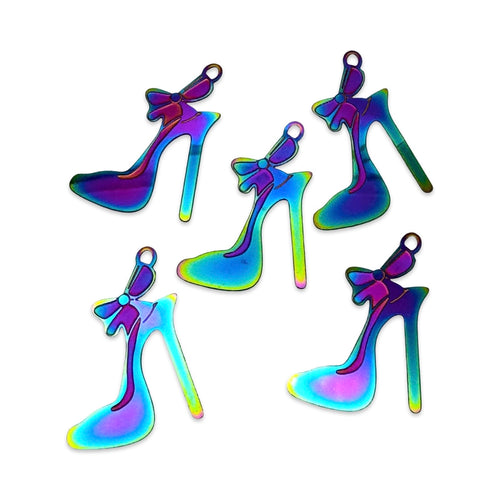304 Ion Plated Rainbow Stainless Steel Heel Shoe Pendant Charms, 31mm - 5 Pack