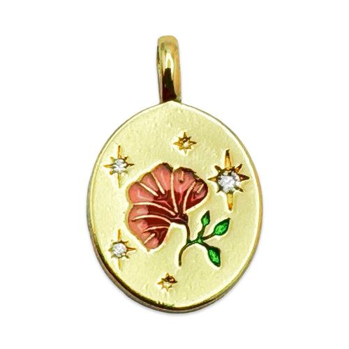 gold oval shaped pendant with enamel floral and clear cubic zirconia 