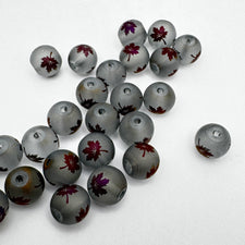 Frosted Round Glass Beads With Purple Maple Leaf 8mm - 25 Pack