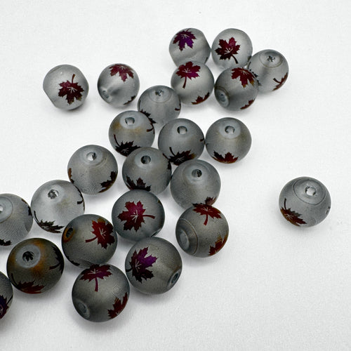 Frosted Round Glass Beads With Purple Maple Leaf 8mm - 25 Pack