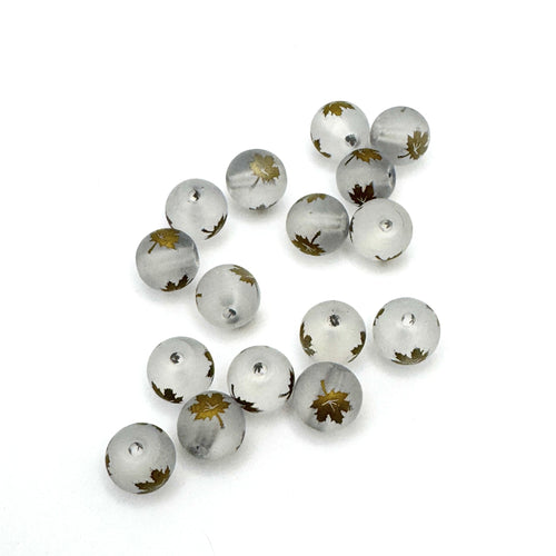 Frosted Round Glass Beads With Gold Maple Leaf 8mm - 25 Pack