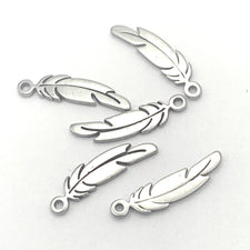 Five silver colour feather shaped jewelry charms