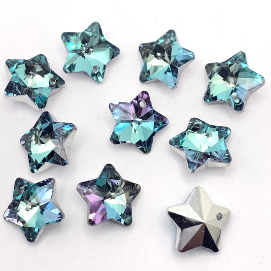 blue glass star shaped charms with some purple accents
