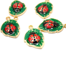 Red Enamel Ladybug on Leaf Pendant Charms for Jewelry Making, 23mm - 5 Pack