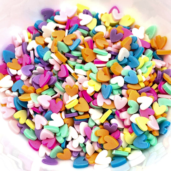 heart shaped polymer clay pieces in various colours