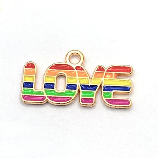 rainbow colour jewelry pendant charms that are in the shape of the word "love"