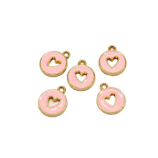 Five round pink and gold colour heart charms