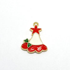 Red, white and green jewelry charms shaped like a christmas hat