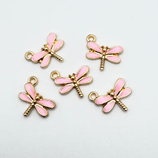 five pink and gold dragonfly shaped jewelry charms