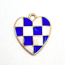 heart shaped charms that have a blue and white checkerd pattern