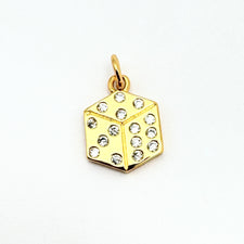 gold charms that look like dice with cubic zirconia rhinestones
