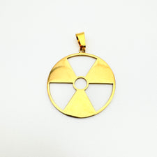 gold jewelry pendant in the shape of a bio hazard symbol