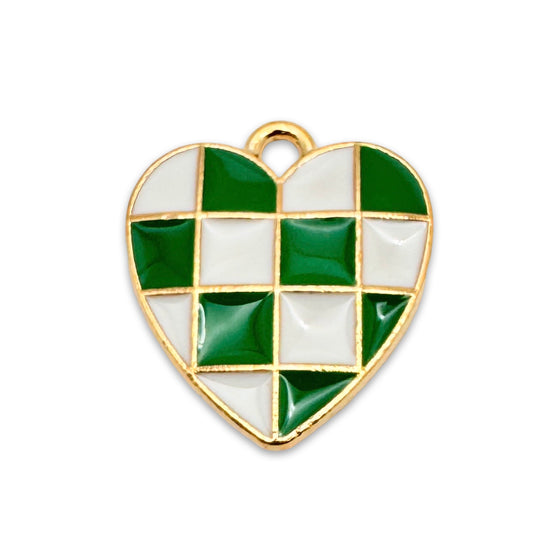 green white and gold heart shaped jewelry charms in a checkered pattern