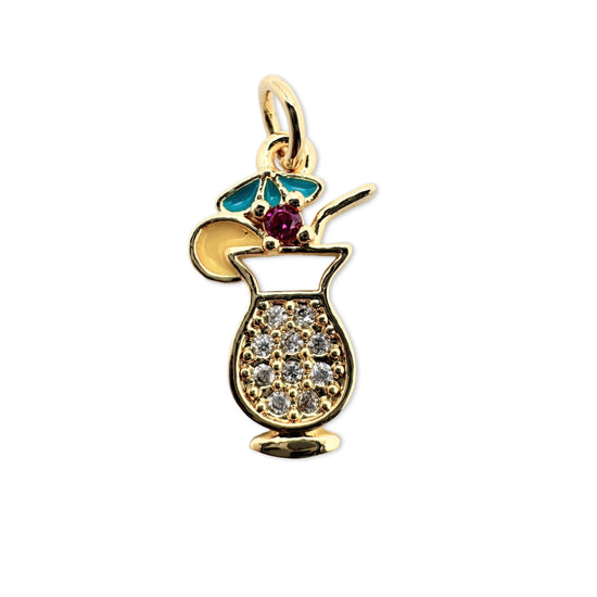 gold drink shaped charm with cubic zirconia and enamel