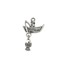 silver jewelry charms that look like a fisherman in a boat with a fish dangling off fishing pole