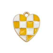 yellow white and gold checkered pattern heart shaped jewelry charm