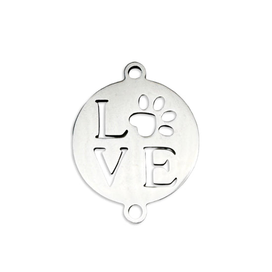 silver connector charm with word love and paw print on it