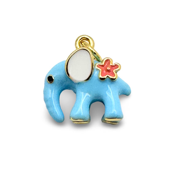 jewelry pendant in the shape of an elephant that is blue white gold and pink