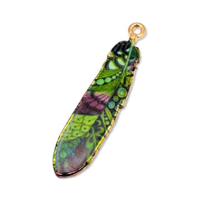 green purple and gold feather shaped jewelry charm