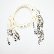 white cord necklace with silver lobster clasp and extender chain