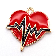red black and gold heart shaped jewerly charm that has a heartbeat rythm on it