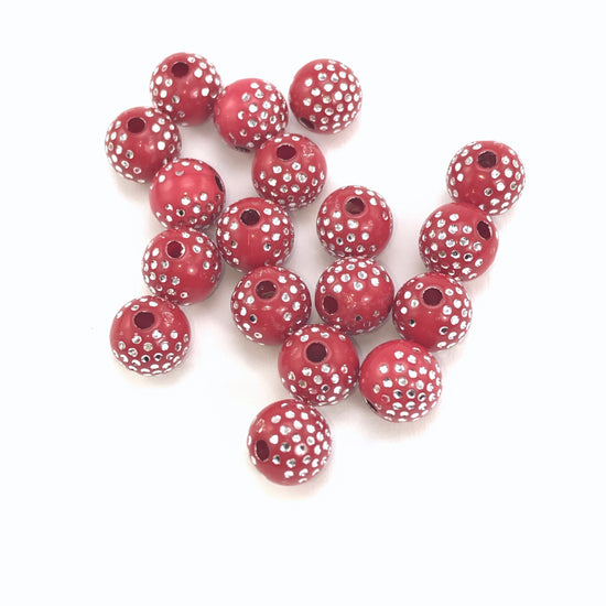 red acrylic beads with silver sparkles