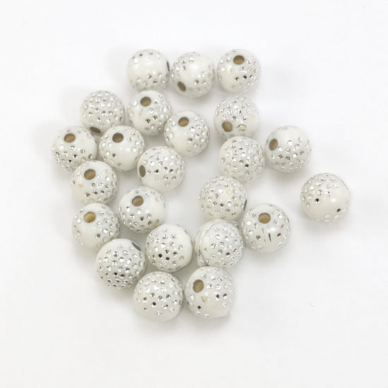 White acrylic round beads with silver sparkles