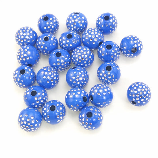 Royal blue round acrylic beads with silver sparkles
