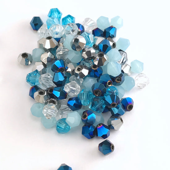 mixed colour bicone beads in blue, silver, clear colours