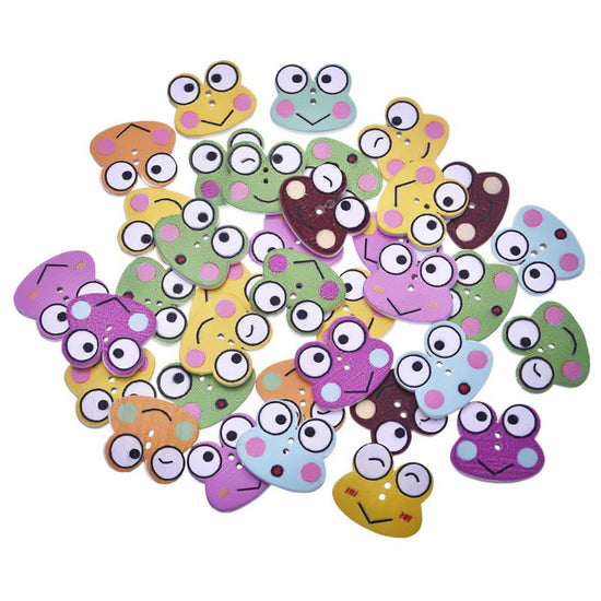 Frog Shaped Multicolour Wood Buttons, 20mm  - 10 pack