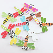 10 multi coloured wooden buttons shaped like dragonflies