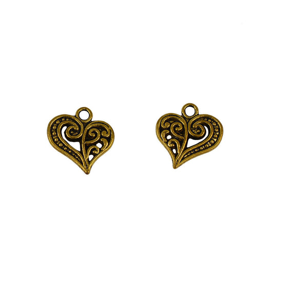 14mm antique gold colored scroll heart charms
