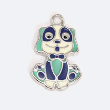jewelry charm that looks like a dog colored white, blue and silver