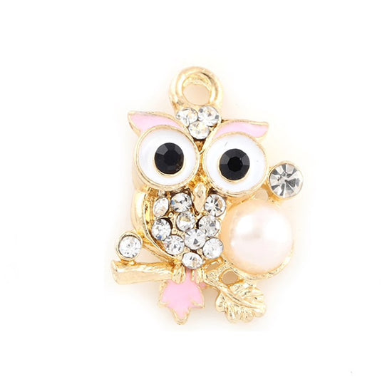 gold color owl jewelry charms with enamel and rhinestone details