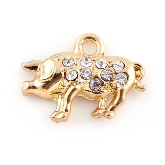 Gold Colour Pig Pendant Charms with Rhinestone Detail, 21mm - 2 pack