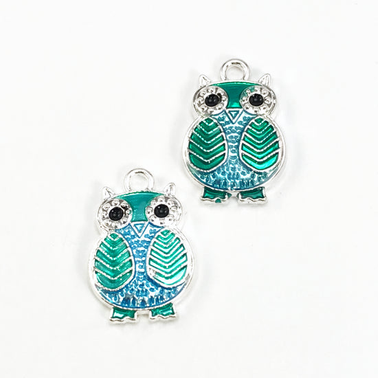 blue green and silver enamal jewelry charms that look like owls