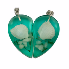 Blue green resin broken heart pendants with shell and embellishments