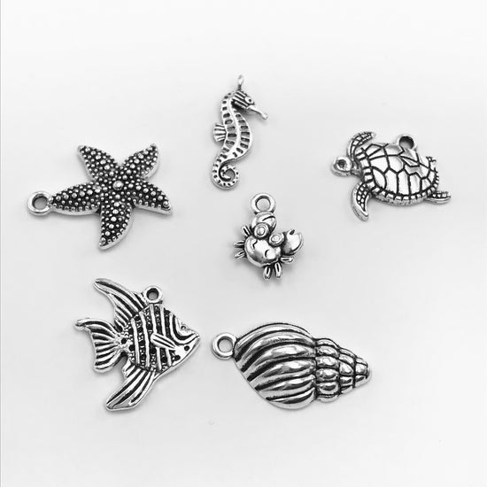 6 silver jewelry charms shaped like fish, seahorse, tortoise, seashell, crab, starfish