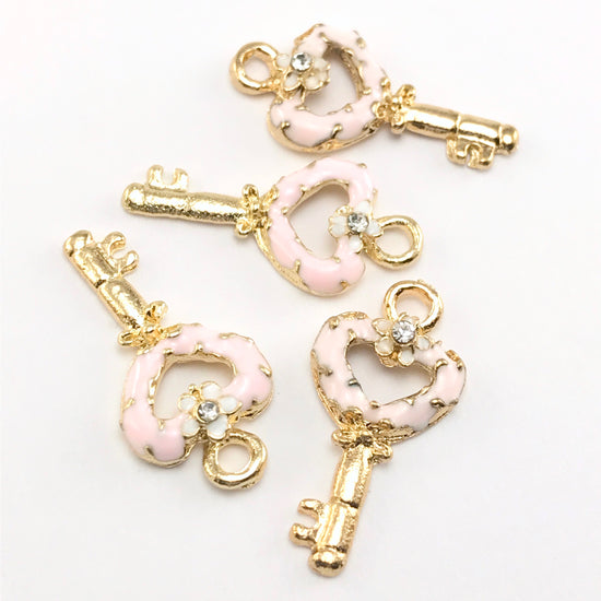 Enamel Pink Key Pendant Charms For Jewelry Making, 22mm - 4 pack