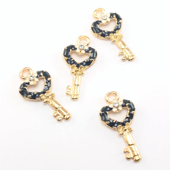 Enamel Black Key Pendant Charms For Jewelry Making, 22mm - 4 pack
