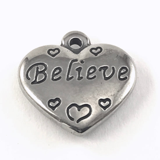 Stainless Steel Heart Shaped Believe Charms, 2 sided, 16mm - 2 Pack