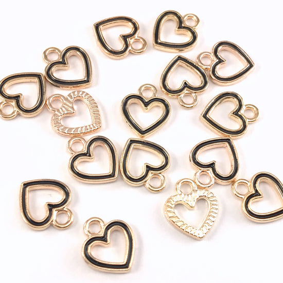 15 black and gold colour heart shaped jewelry charms