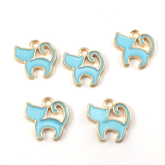 5 blue and gold colour jewerly charms that look like cats