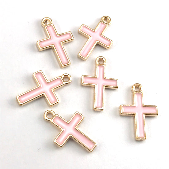 Enamel Pink Cross Charms For Jewelry Making, 16mm - 6 pack