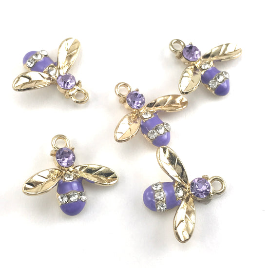 5 purple and gold colour jewerly charms that look like bees