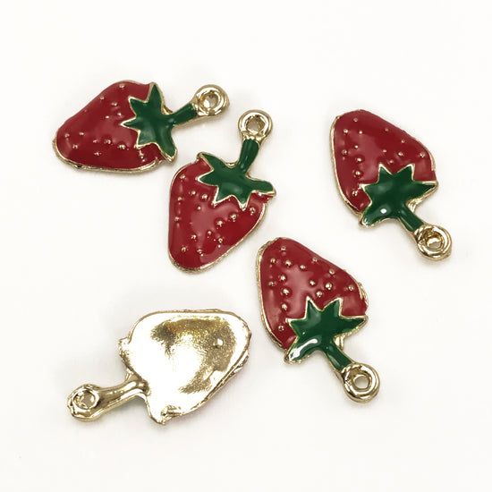 Five charms that look like strawberries with leaves