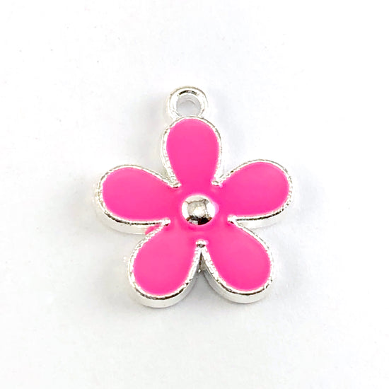 Enamel Pink Flower Jewelry Pendant Charms, 17mm - 5 pack