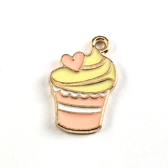 Pink, yellow, gold and white jewerly charms that look like a cup of ice cream