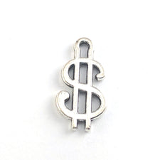 close up of silver dollar sign shaped jewerly charms