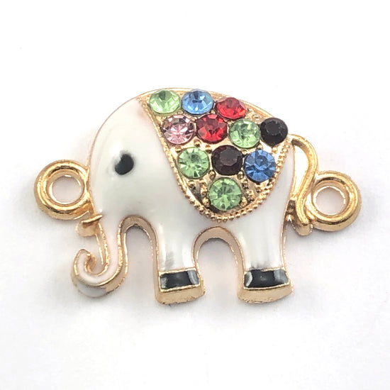 gold and white elephant shaped connector jewelry charms with multi colour rhinestones